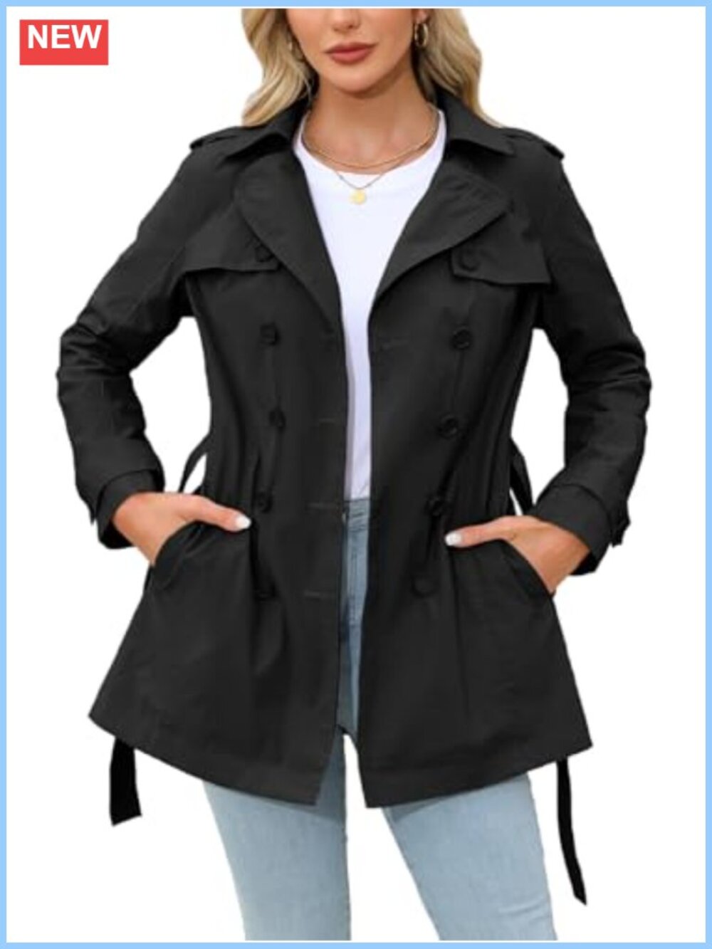 Women Cropped Trench Coat Double Breasted Water Resistant Polyester Jacket